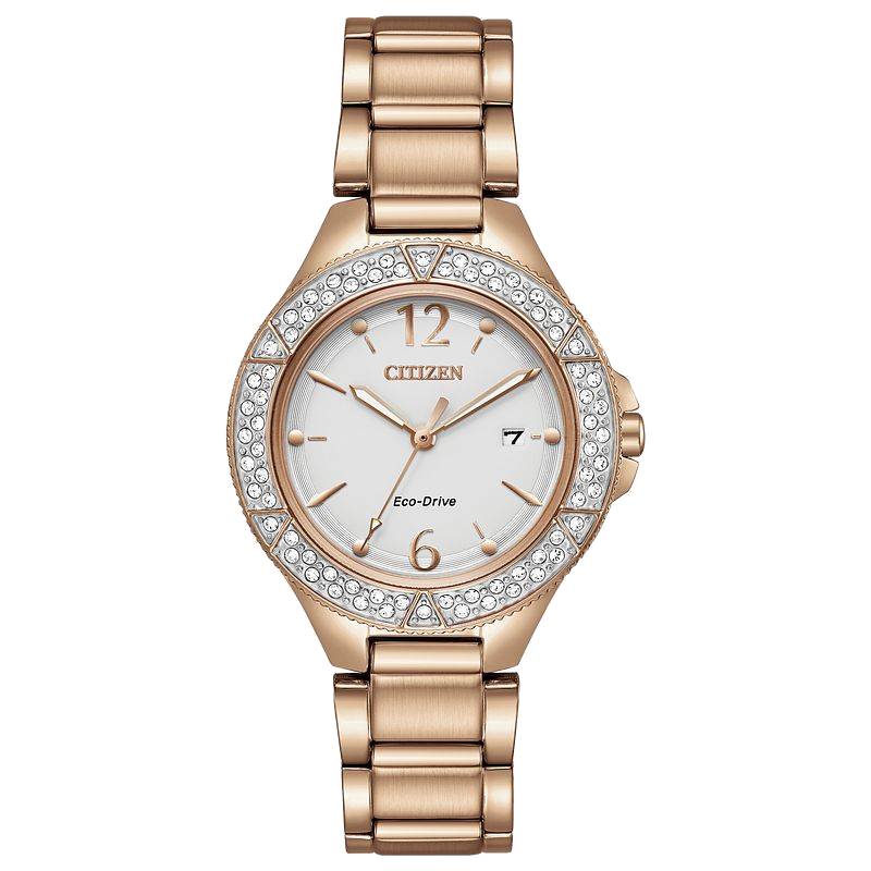 Citizen Rose Gold Eco Drive Watch with Swarovski Crystal Bezel