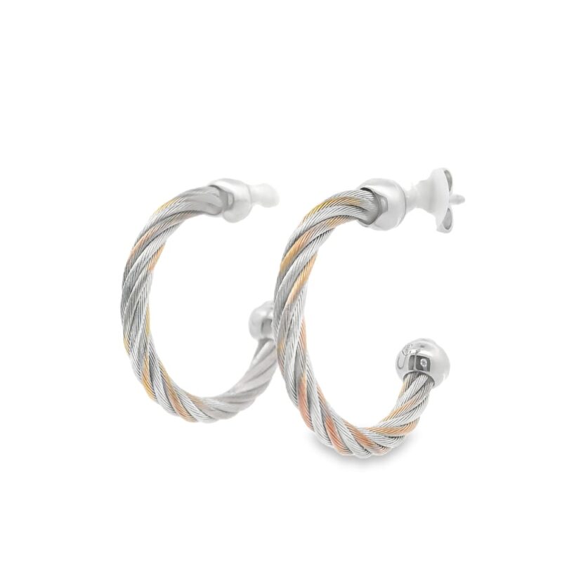 Stainless Steel Two Toned Rose and Silver 2.5 mm Cable Hoop Earrings - Image 6