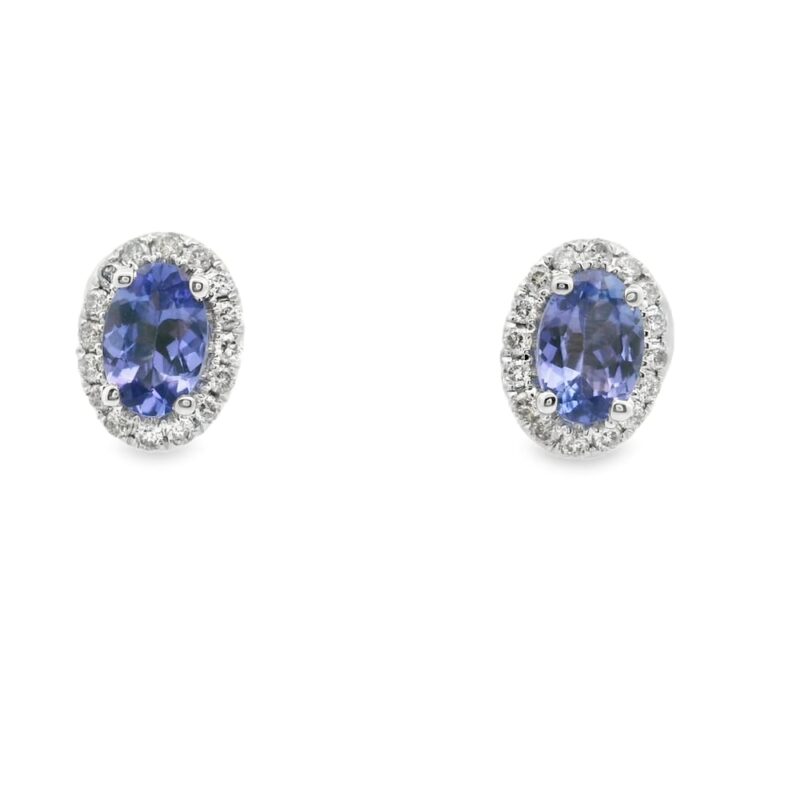14K White Gold Tanzanite 1.00ct Oval Earrings with 32 Diamonds 0.26ctw, 1.95g