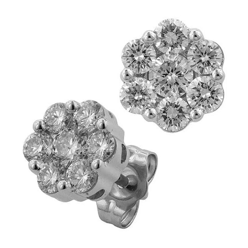 14k White Gold Diamond Cluster Stud Earrings
