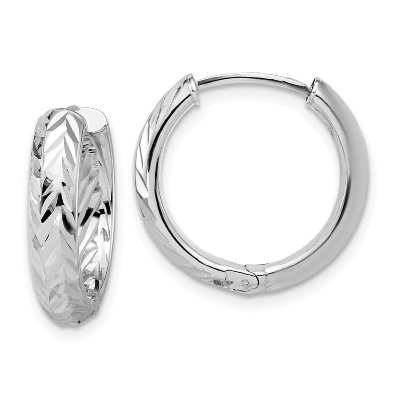 Leslie's' 14K with White Rhodium Plated Polish/Diamond-Cut Hinged Hoop Earrings