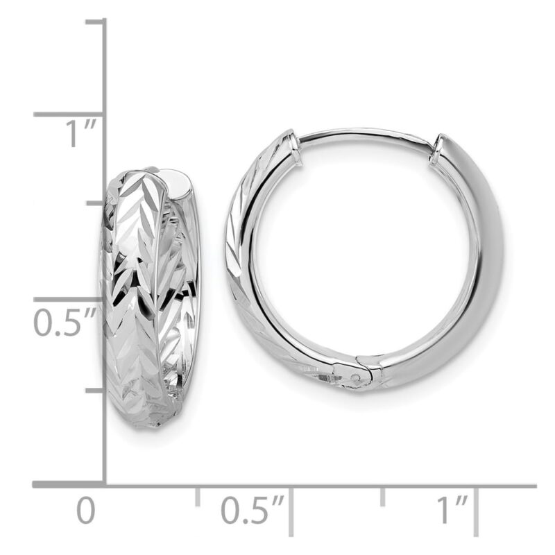Leslie's' 14K with White Rhodium Plated Polish/Diamond-Cut Hinged Hoop Earrings