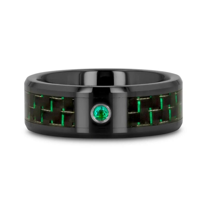 HADAR Black Ceramic w/Black, Green Carbon Fiber, Green Emerald Setting - 8mm