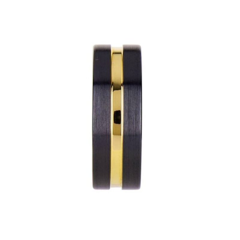 04-00348 Black Ceramic wedding band w yellow gold groove width 6mm and size 11