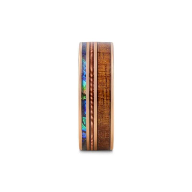 MOANA Smoked Rose Gold Tungsten Ring with Hawaiian Koa Wood Abalone & Guitar String - 8mm