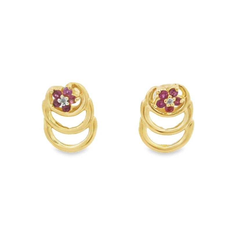 14K Yellow Gold Rubies & Diamond Flower Design Earrings